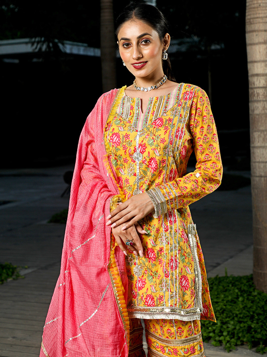 Yellow Floral Print Kurta Sharara With Dupatta