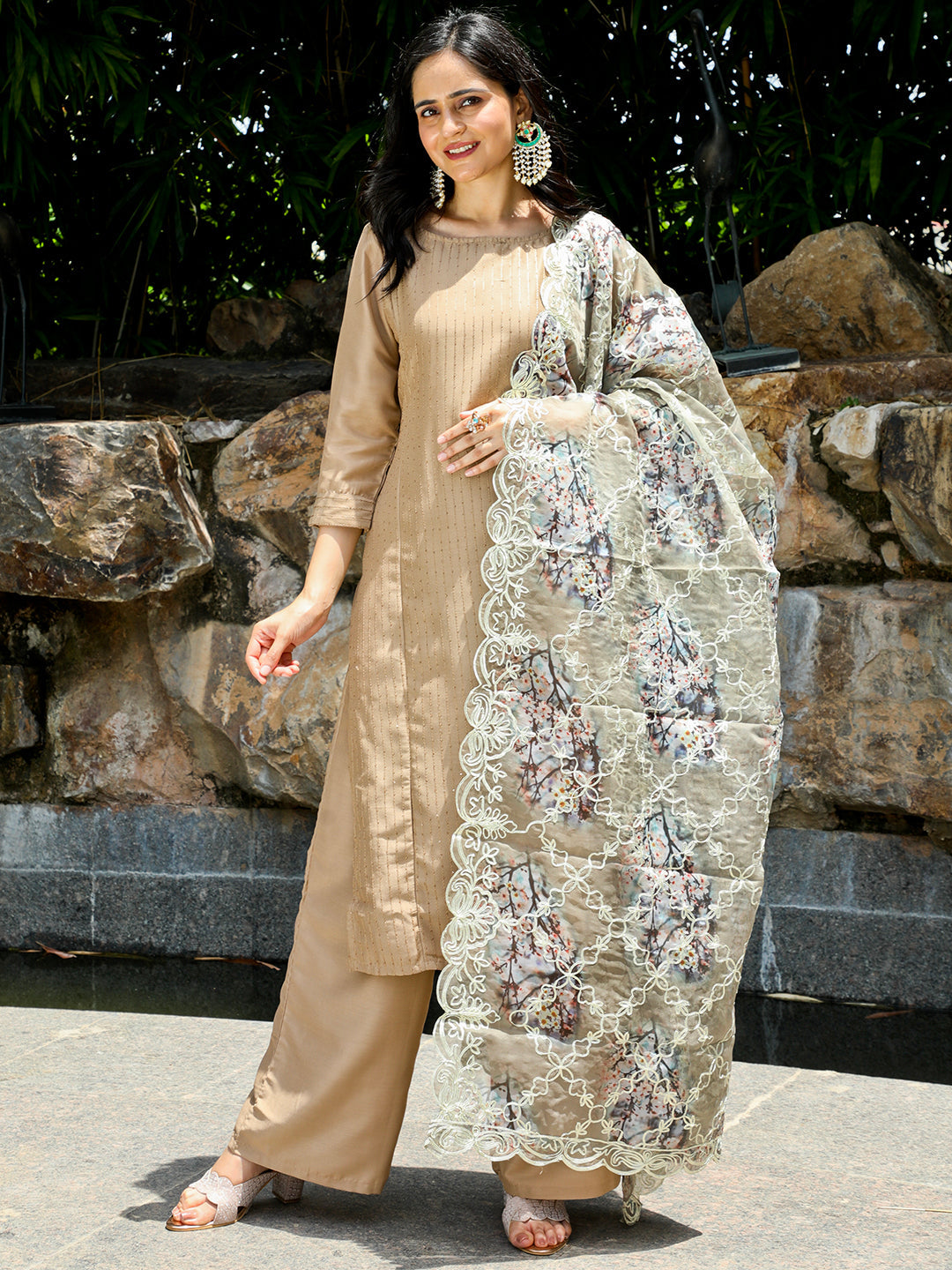 Beige Sequin Chinnon Suit Sets With Heavy Gota Dupatta