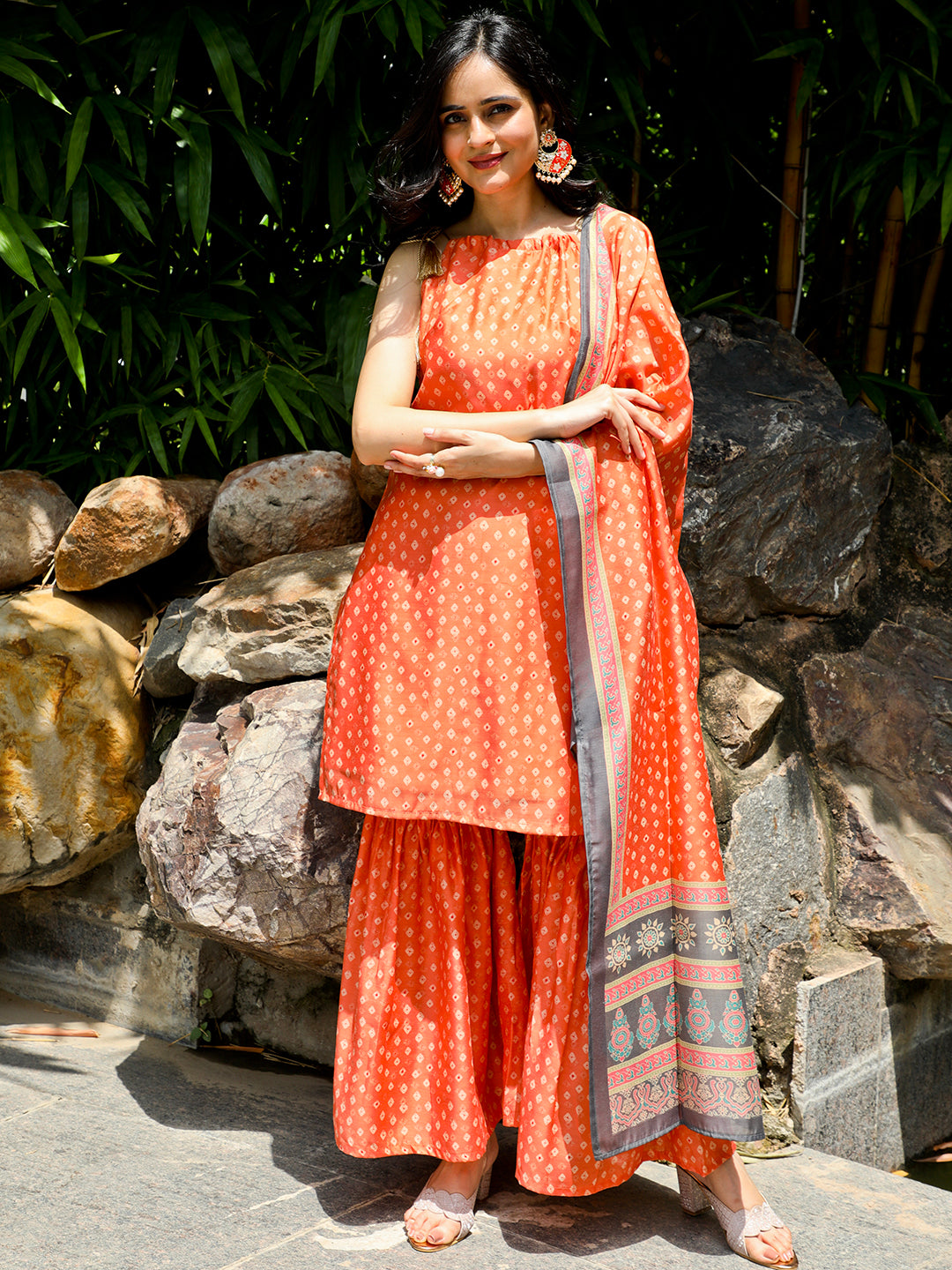 Orange Bandhani Print Kurta Sharara With Dupatta