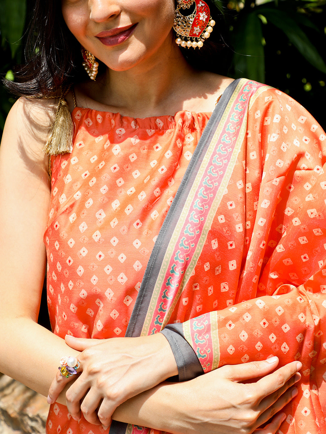 Orange Bandhani Print Kurta Sharara With Dupatta