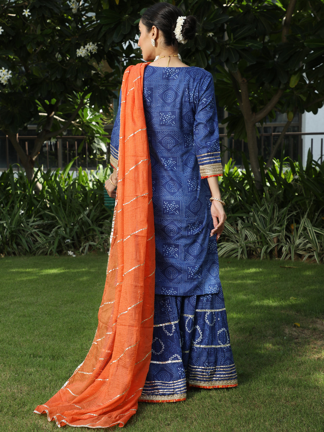 Blue Bandhani Print Kurta Sharara With Dupatta