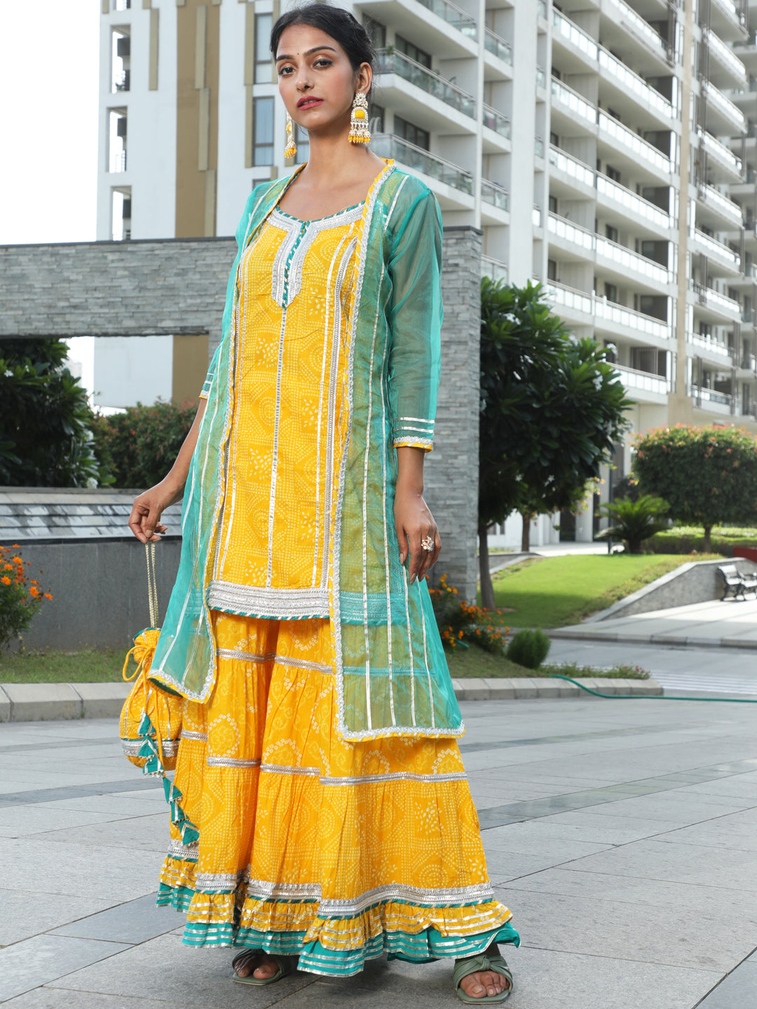 Yellow Bandhani Print Kurta Sharara With Jacket & Potali Bag