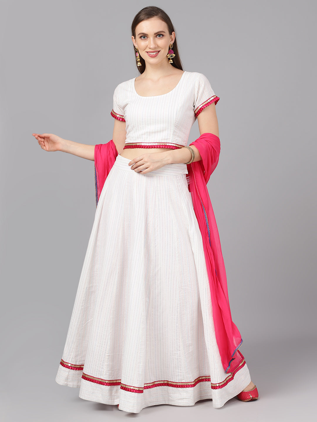 White Striped Lehenga Choli With Dupatta