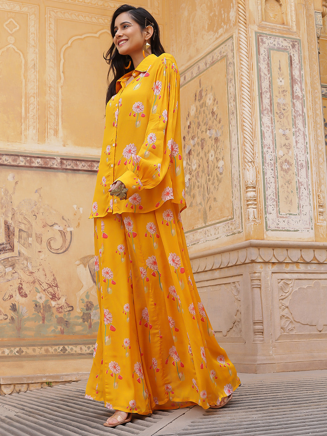 Yellow Floral Print Shirt With Palazzo