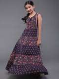 Blue Floral Print Flared Maxi Dress