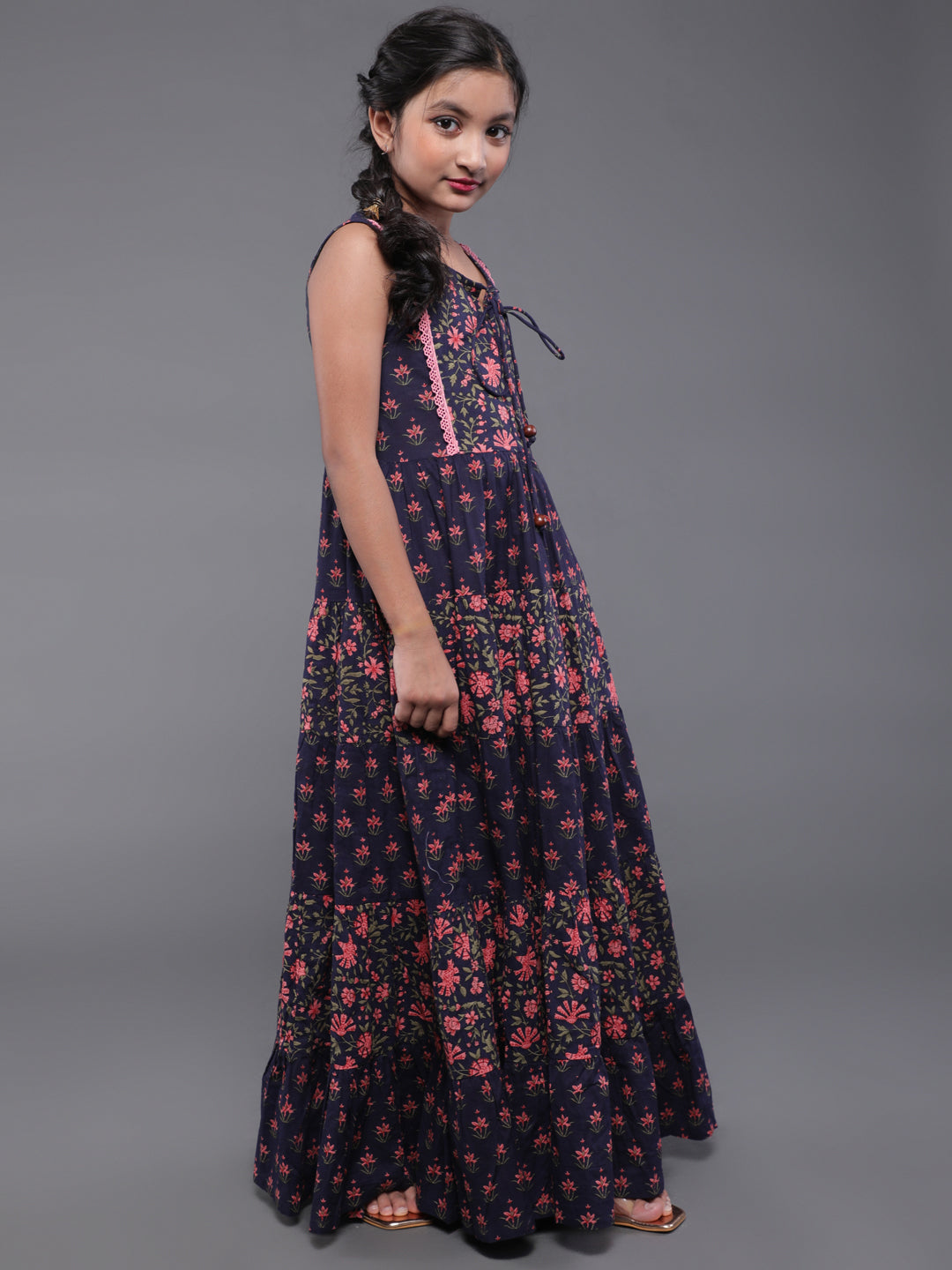 Blue Floral Print Flared Maxi Dress