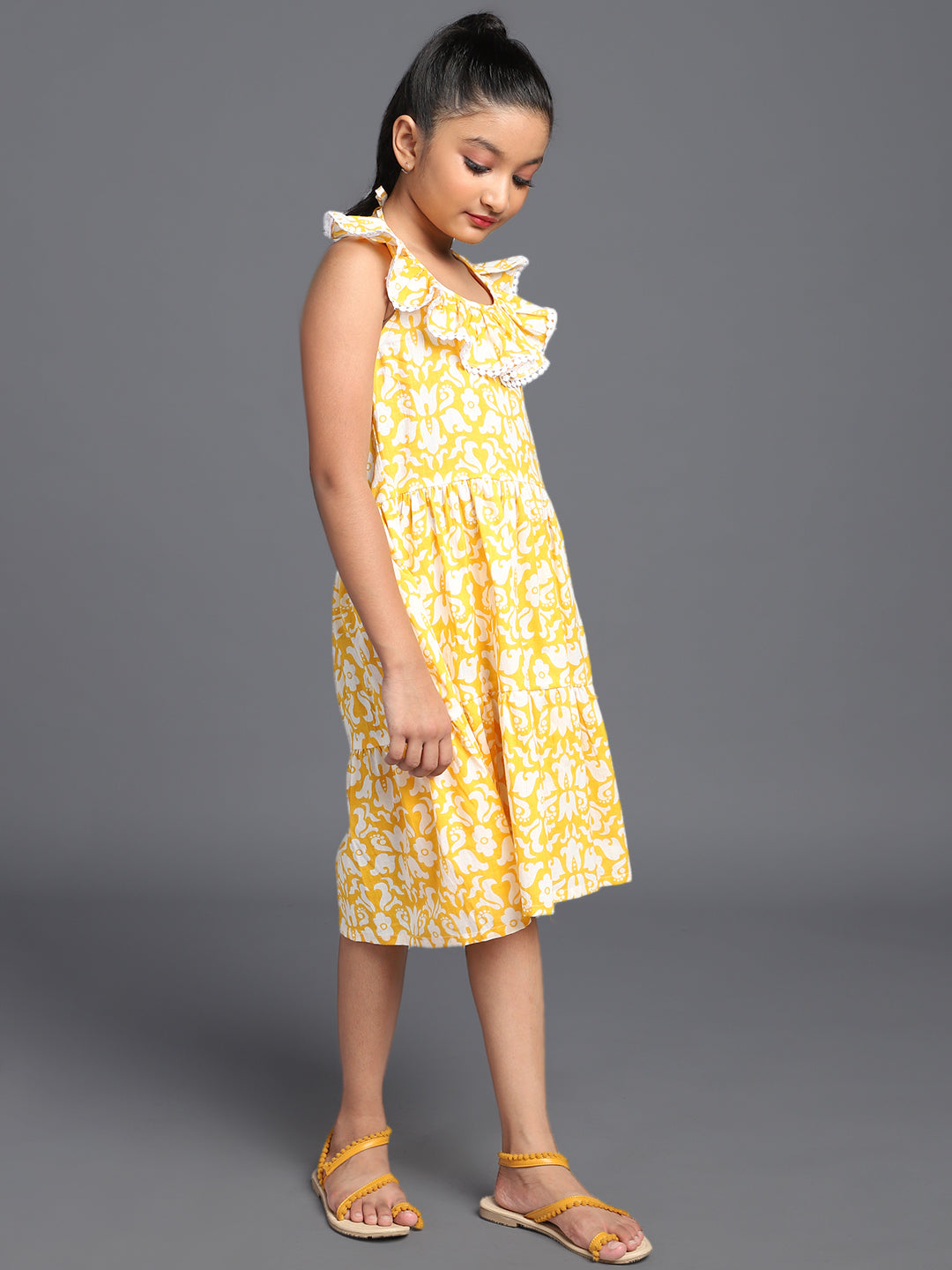 Yellow Floral Print Tiered Midi Dress