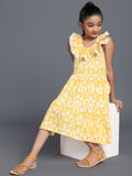 Yellow Floral Print Tiered Midi Dress