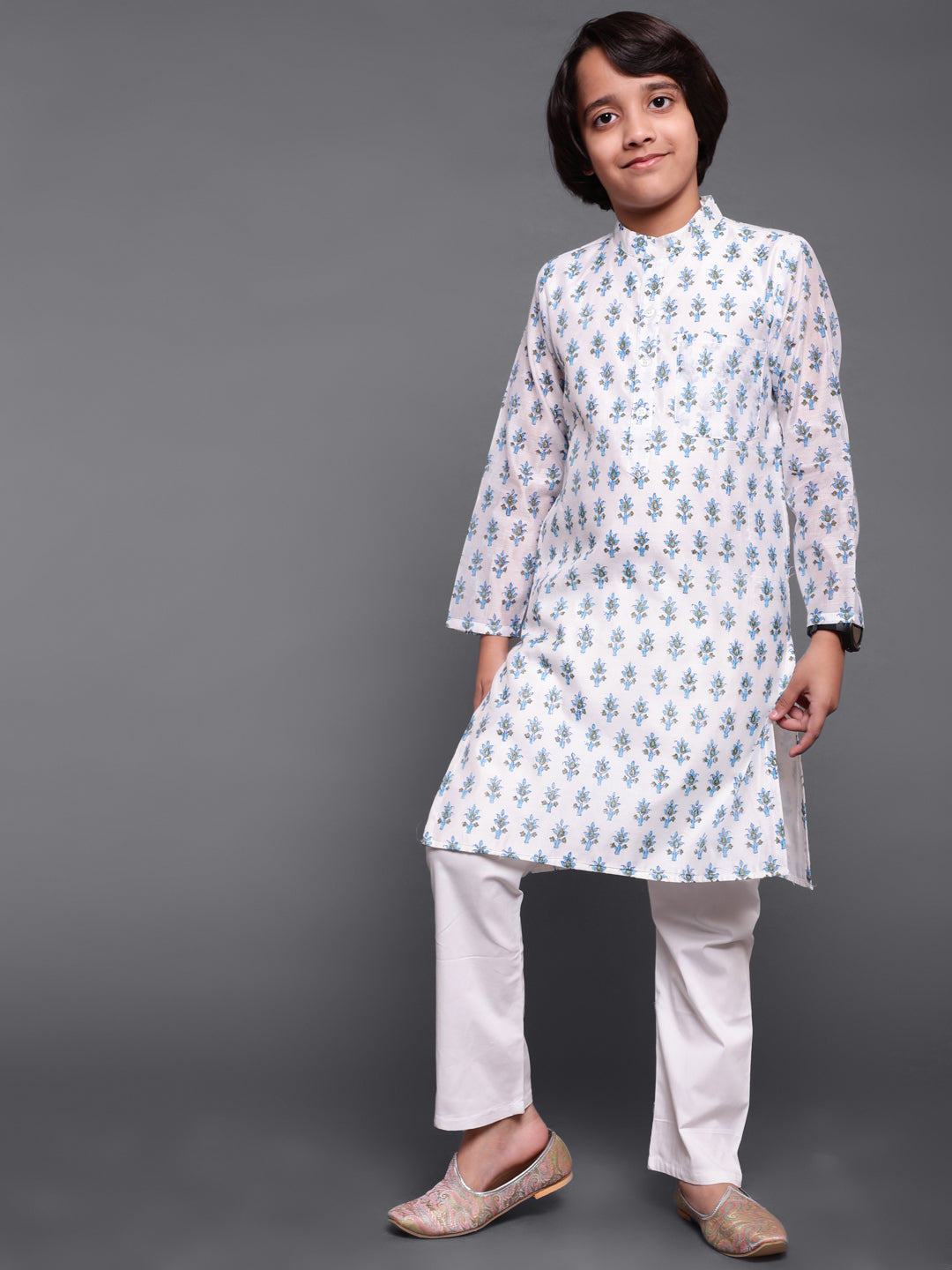 White Block Print Long Kurta