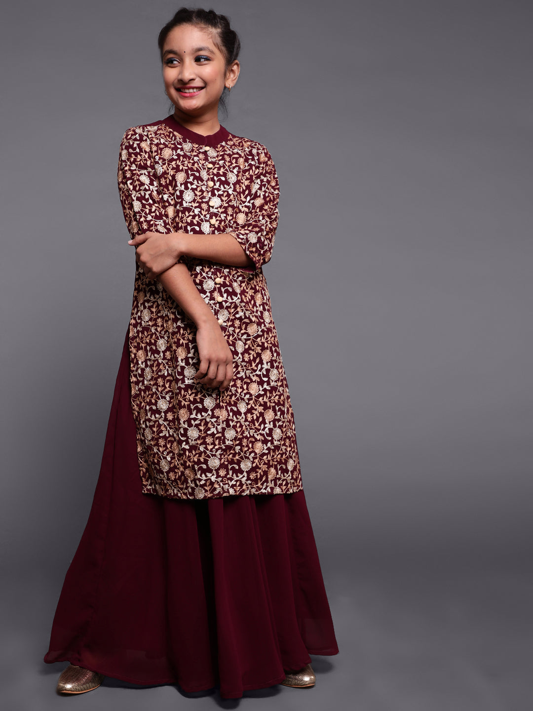 Mother Daughter Combo-Wine Floral Embroidered Kurta With Skirt