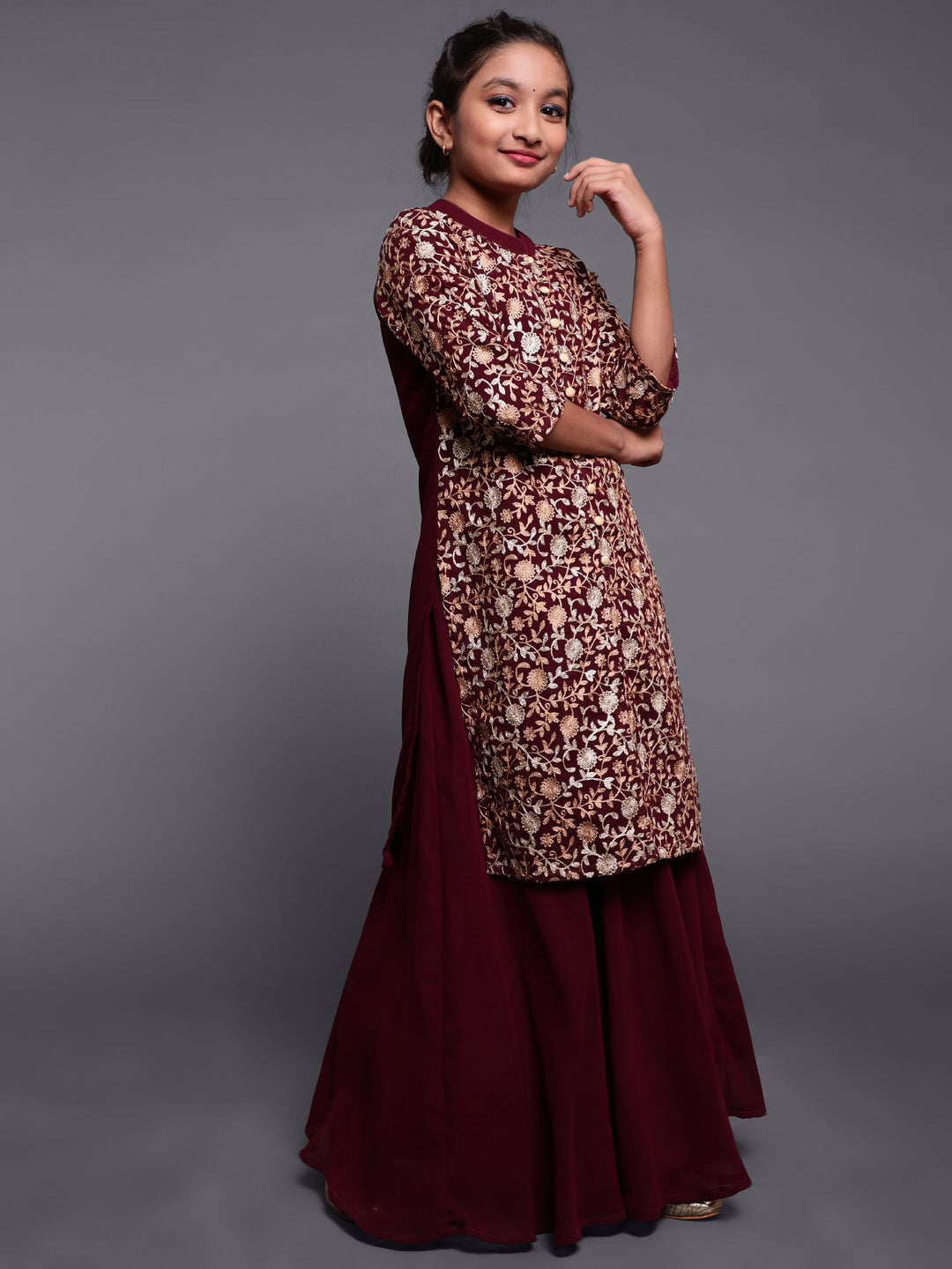 Mother Daughter Combo-Wine Floral Embroidered Kurta With Skirt