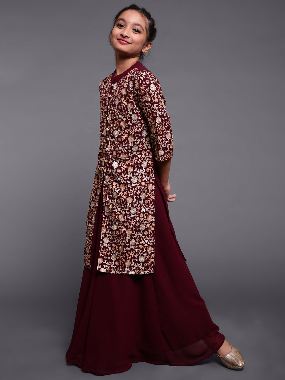 Mother Daughter Combo-Wine Floral Embroidered Kurta With Skirt