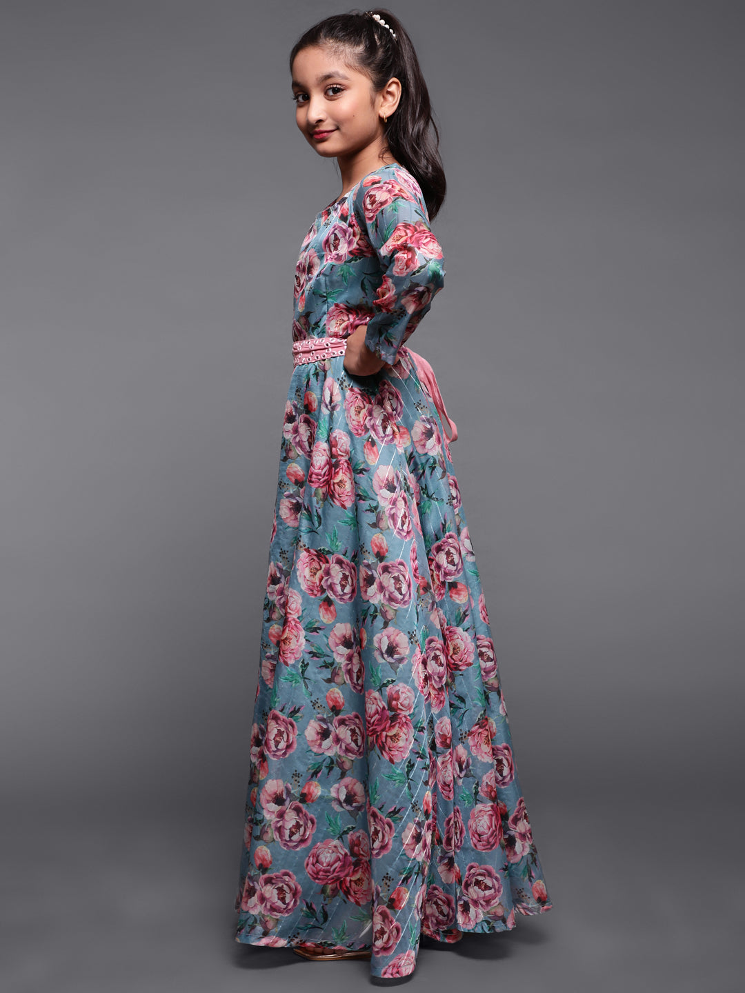 Blue Floral Print Organza Maxi Mother Daughter Combo