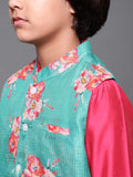 Pink & Green Floral Print Kurta Pyjama With Nehru Jacket