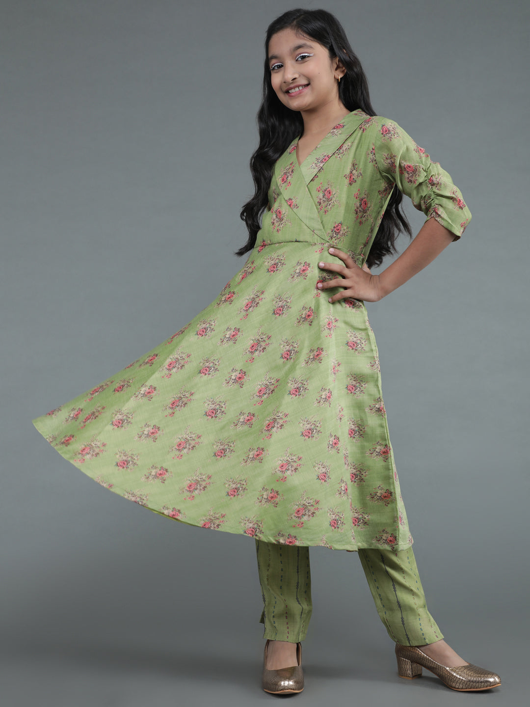 Green Floral Print Chanderi Suit Set - Mother Daughter Combo