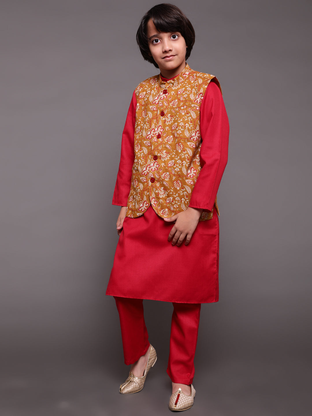 Red & Mustard Floral Print Kurta Pyjama With Nehru Jacket