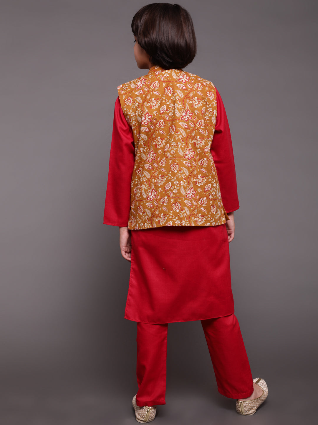 Red & Mustard Floral Print Kurta Pyjama With Nehru Jacket