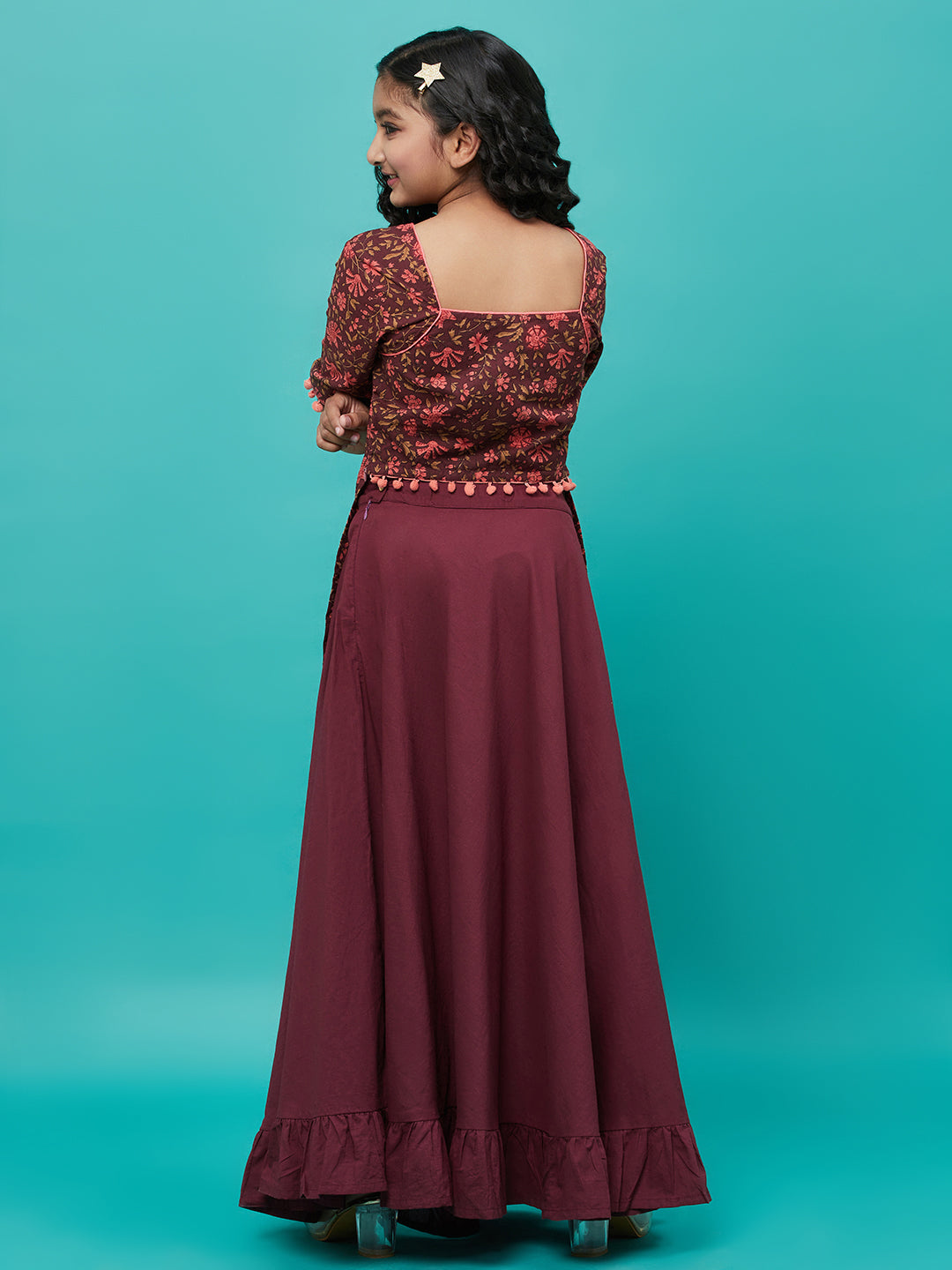 Maroon Floral Print Kurta With Skirt