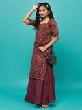 Maroon Floral Print Kurta With Skirt