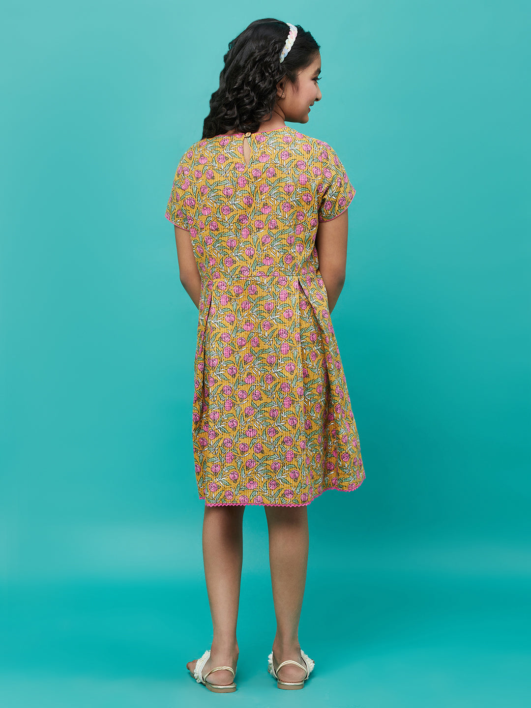 Mustard Floral Print Box Pleated Dress