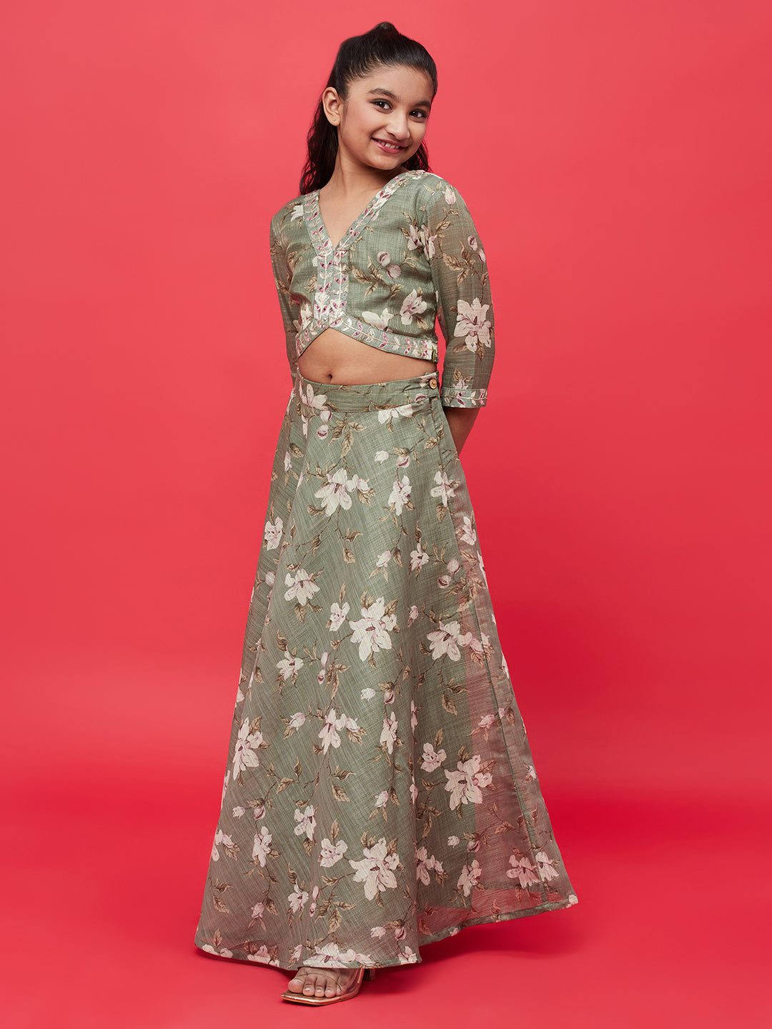 Mother Daughter Combo-Green Floral Print Lehenga Choli Set