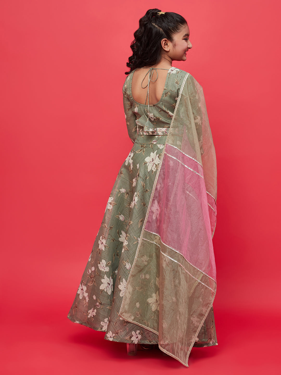 Mother Daughter Combo-Green Floral Print Lehenga Choli Set