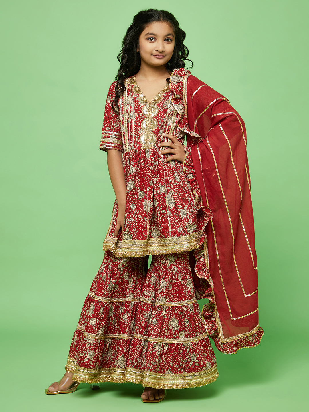 Red Sharara Kurta Mother Daughter Combo