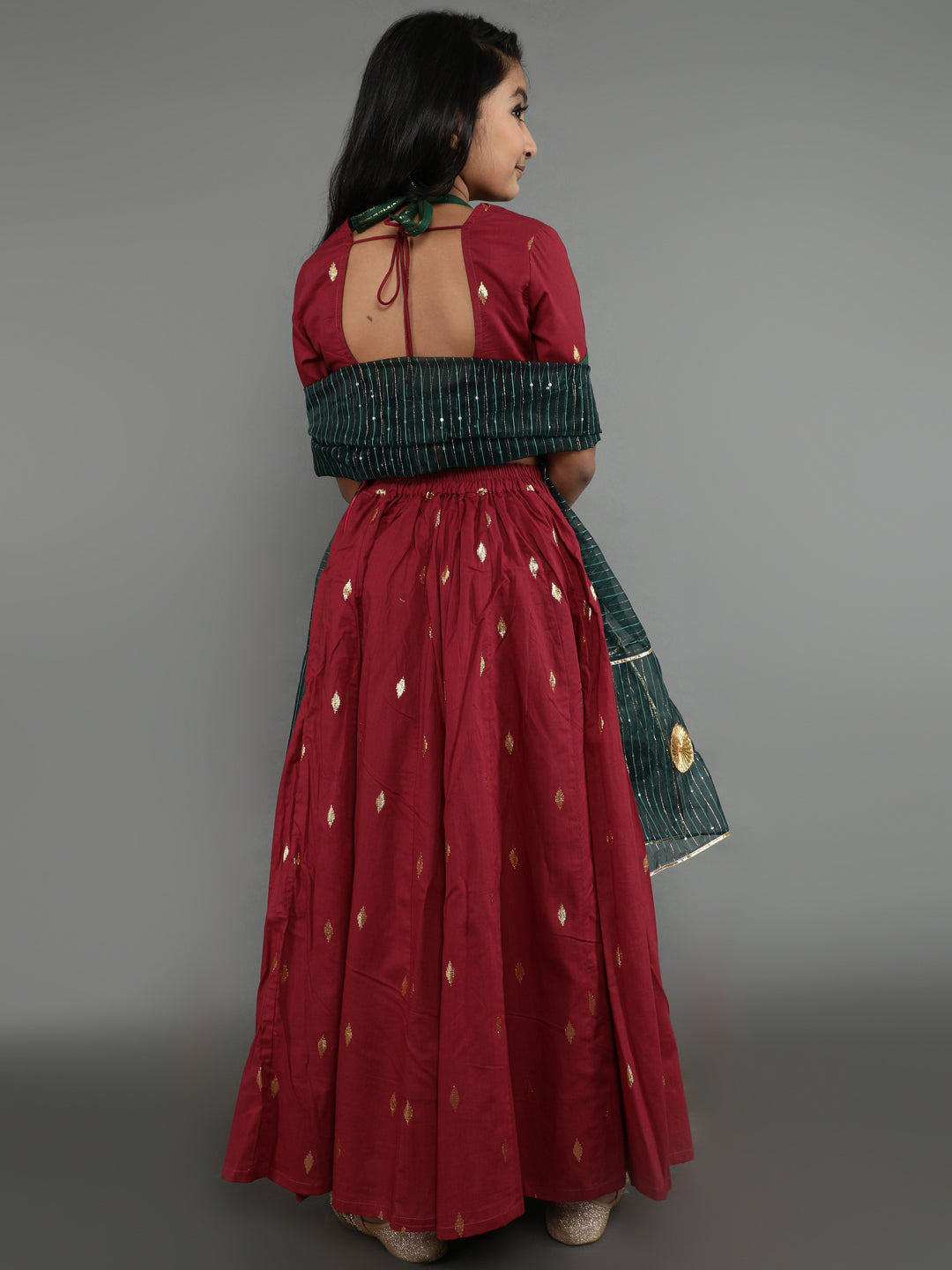 Mother Daughter Combo-Maroon Woven Design Lehenga Choli Set