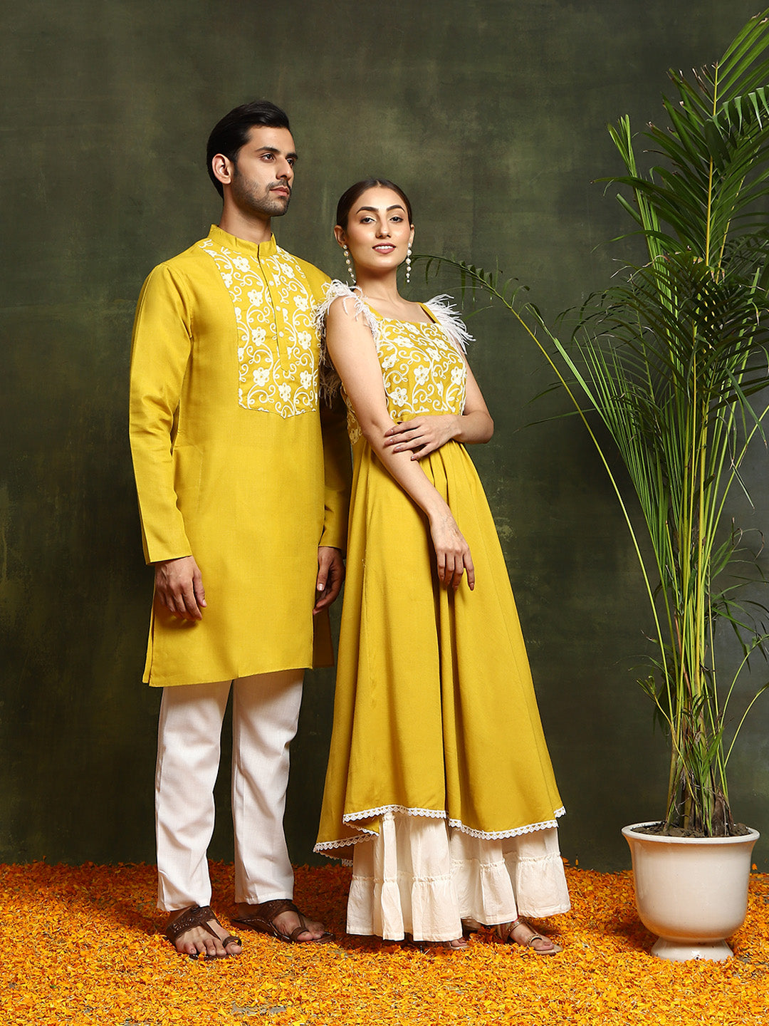 Couple Combo- Mustard Embroidered Couple Combo