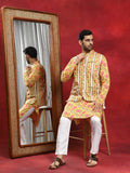 Yellow Floral Print Kurta With Nehru Jacket