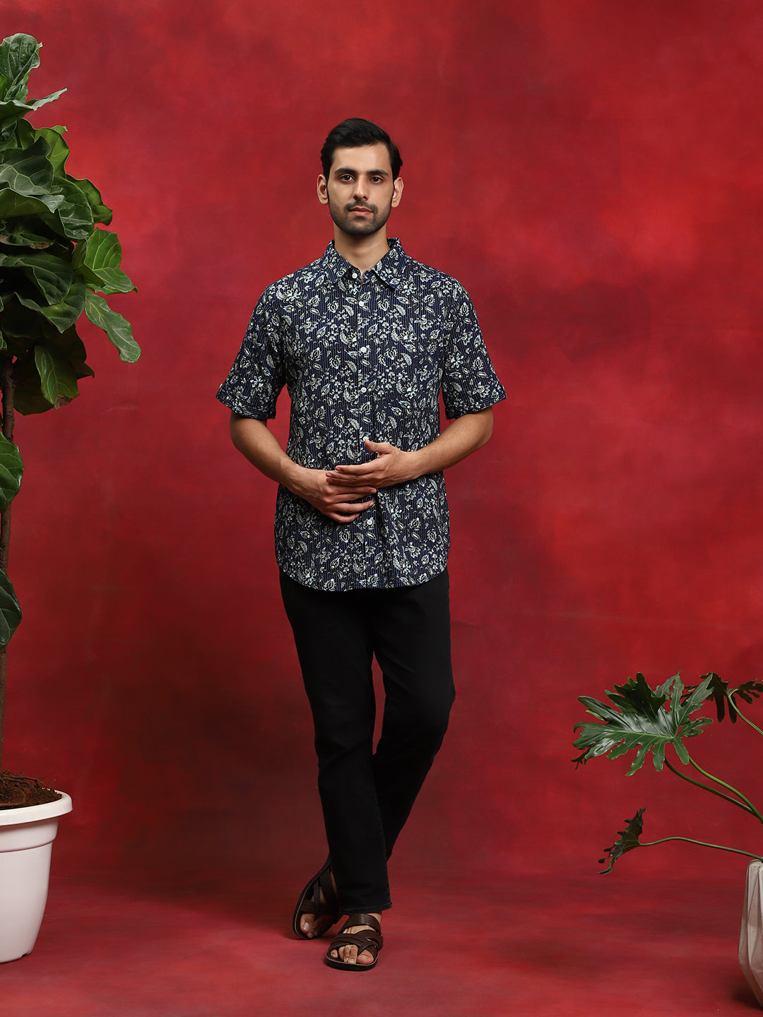 Navy Blue Printed Kantha Work Shirt