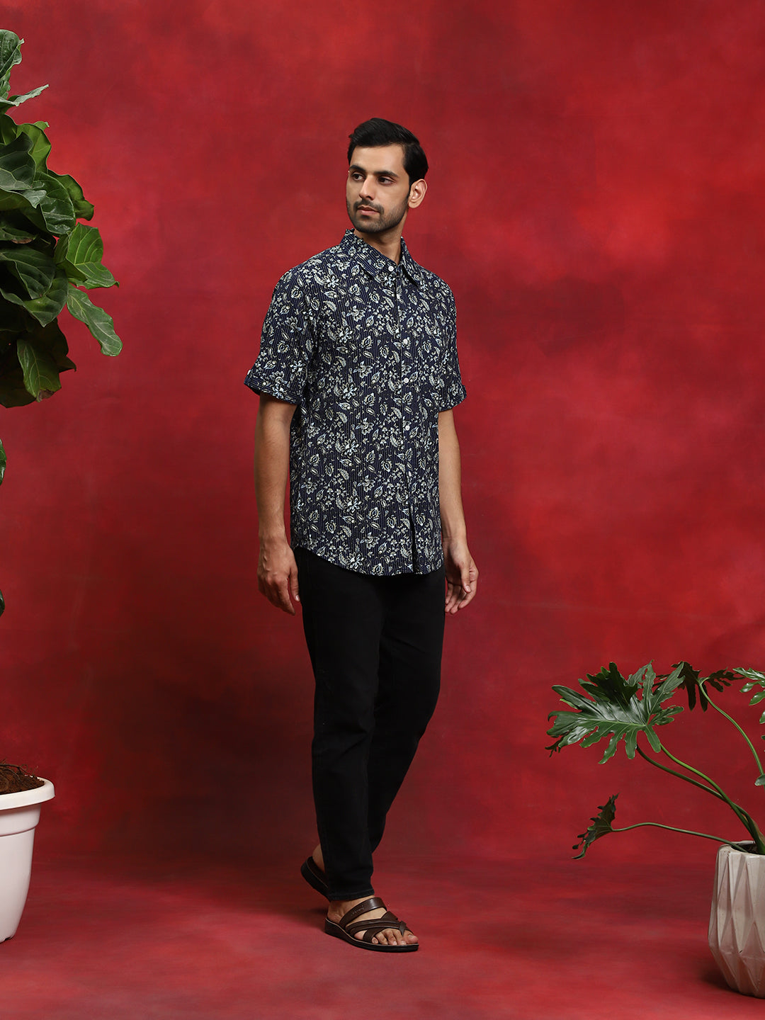 Navy Blue Printed Kantha Work Shirt