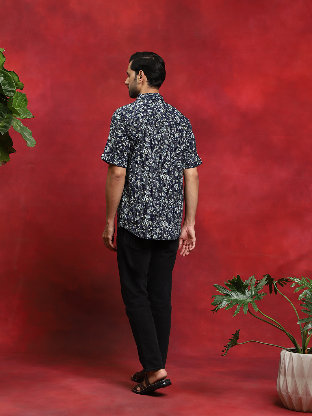 Navy Blue Printed Kantha Work Shirt