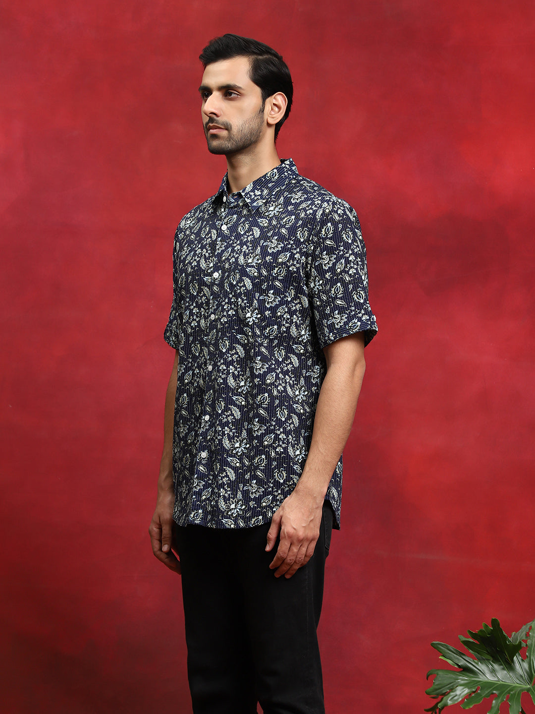 Navy Blue Printed Kantha Work Shirt