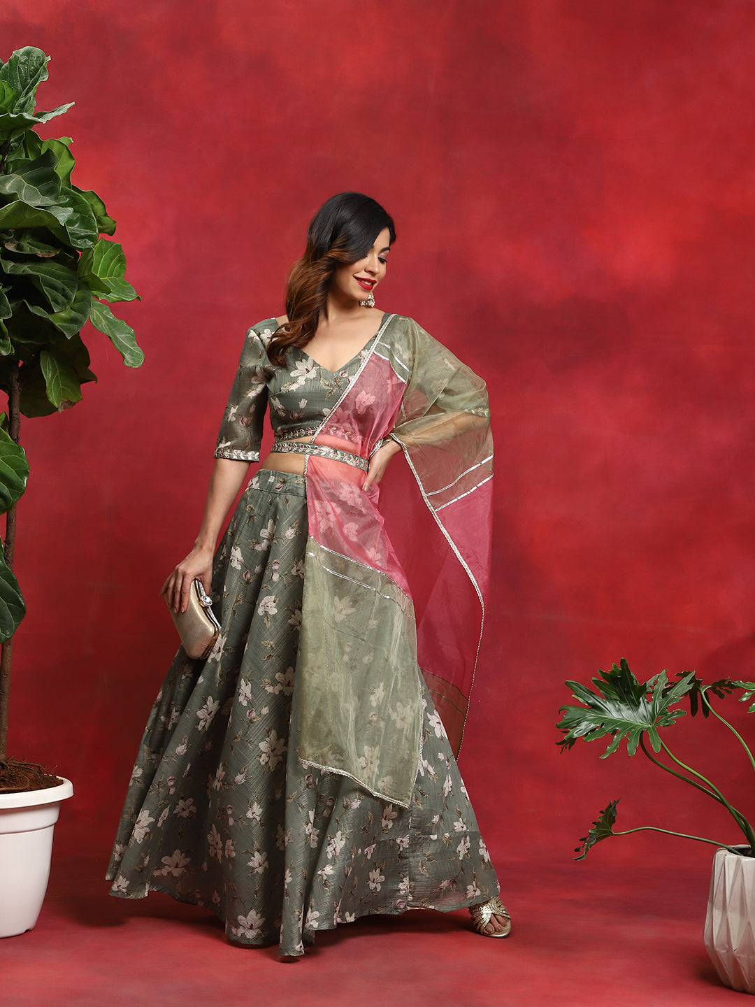 Mother Daughter Combo-Green Floral Print Lehenga Choli Set