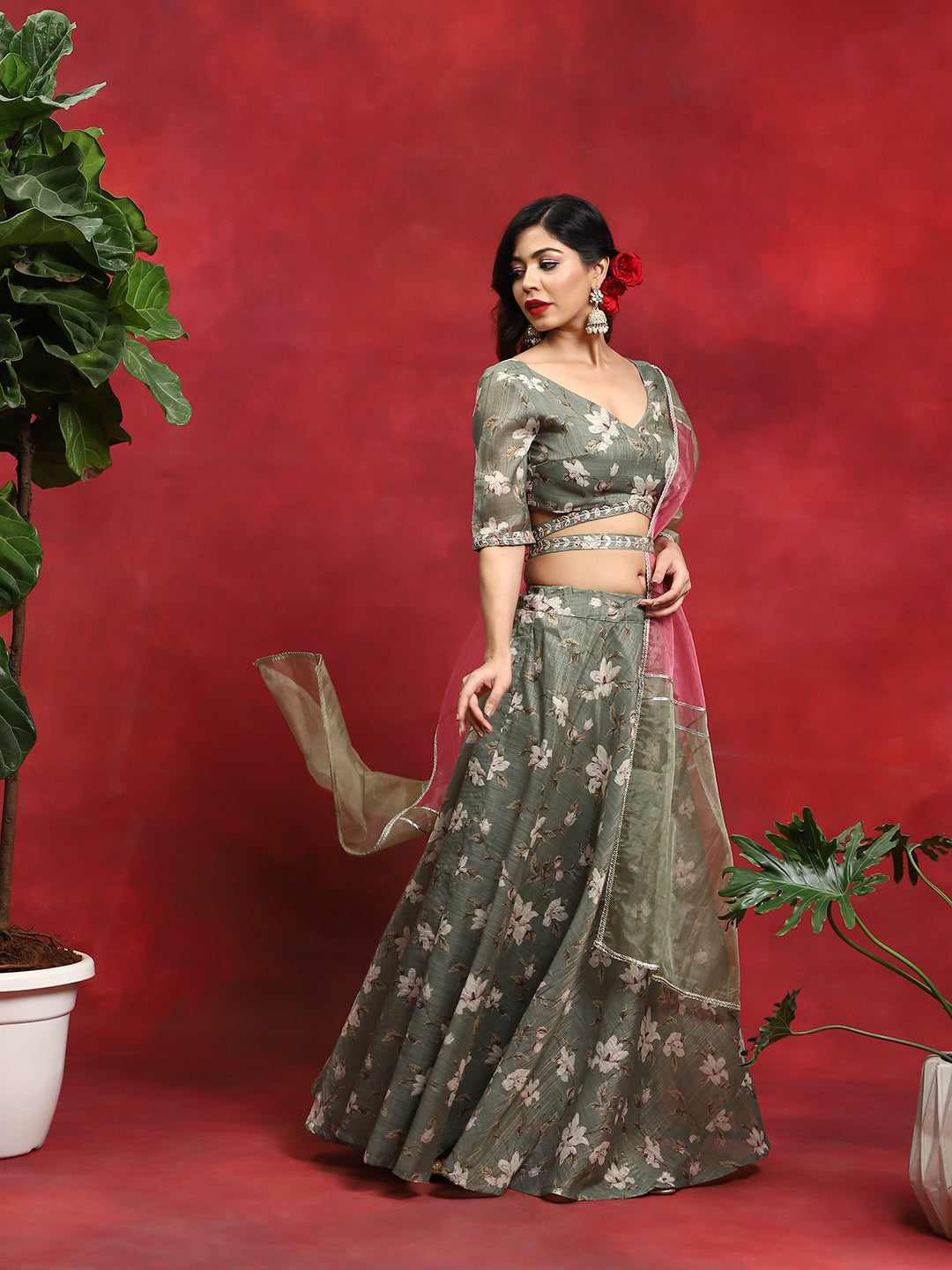 Mother Daughter Combo-Green Floral Print Lehenga Choli Set