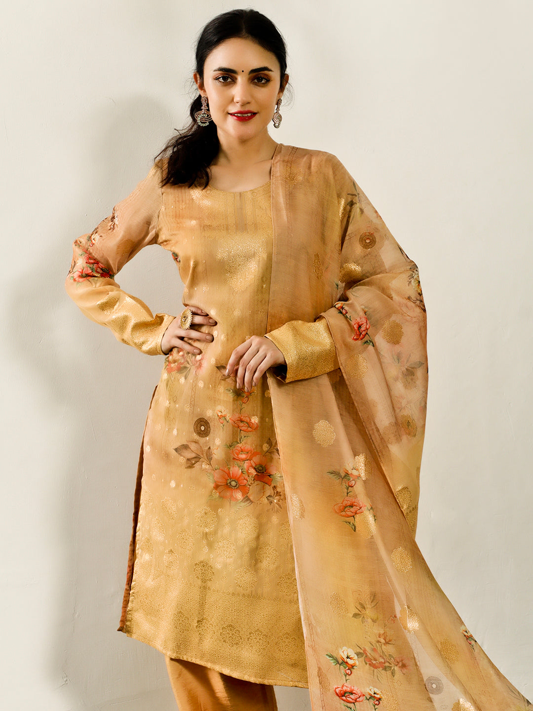 Gold Woven Designed Kurta Palazzo With Dupatta