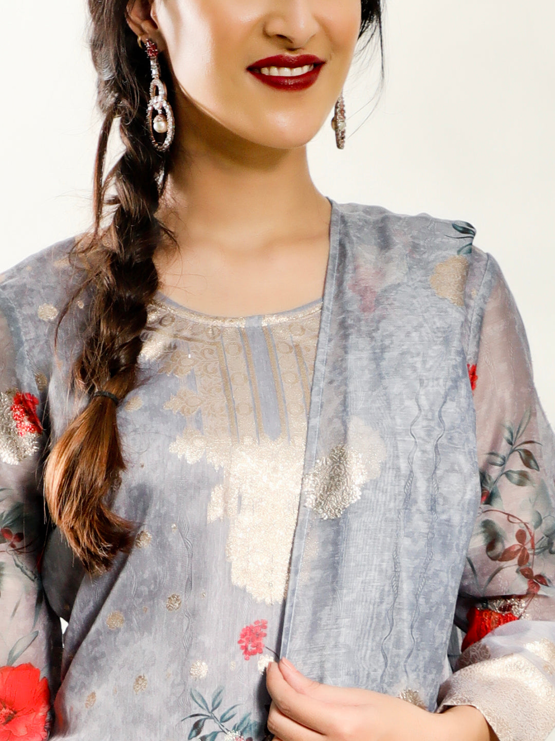 Grey Floral Print Kurta Pant With Dupatta