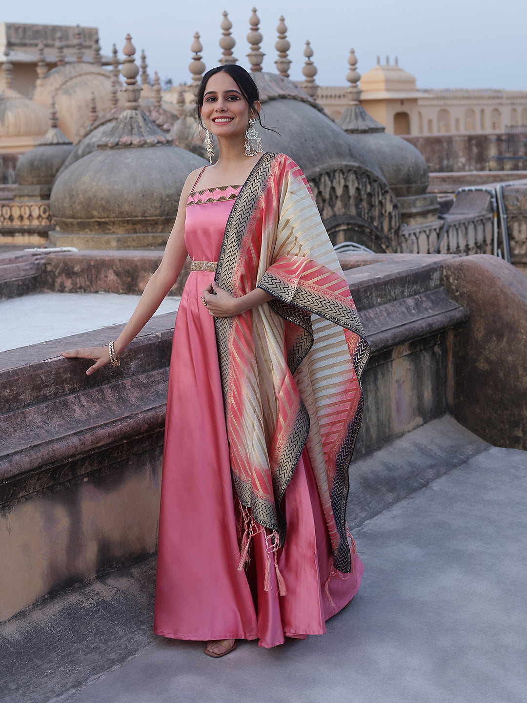 Pink Embellished Dress With Dupatta