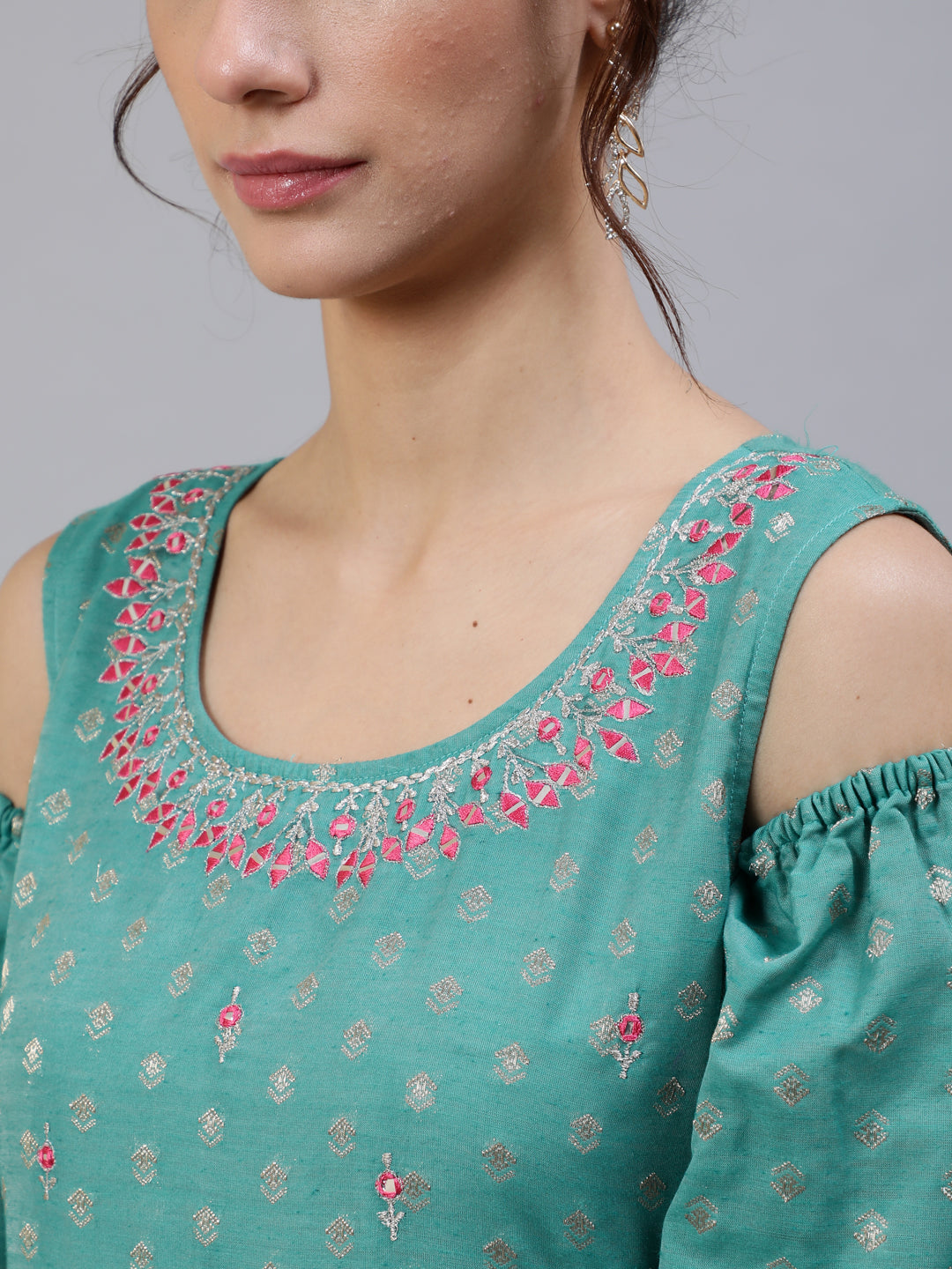 Green Embroidered Flared Maxi Dress