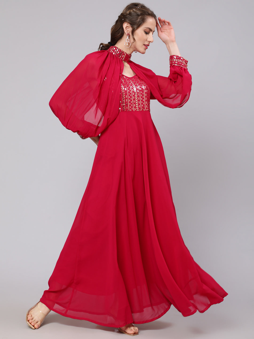 Magenta Sequin Dress With Cape Sleeve