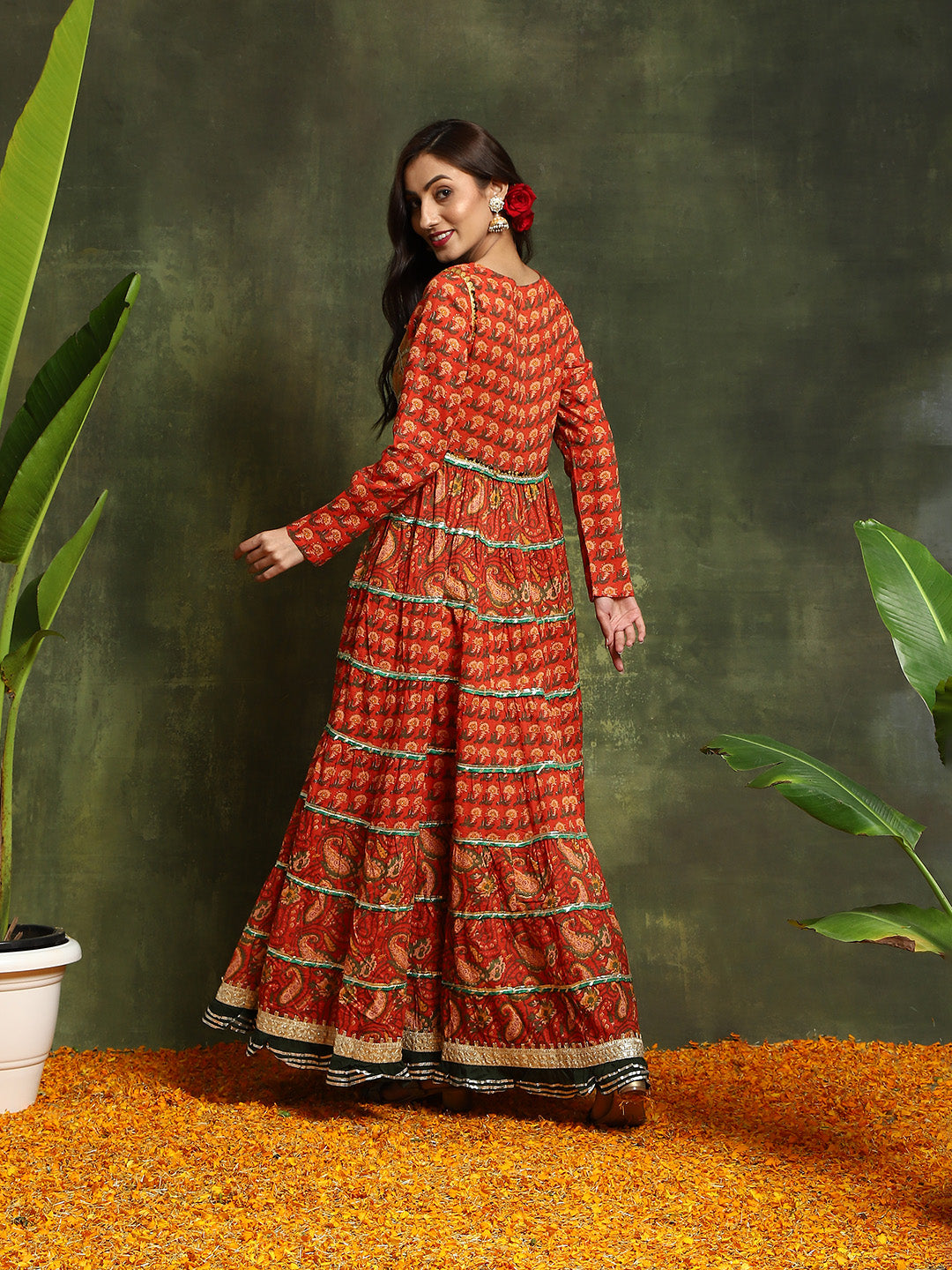 Red & Yellow Floral Print Tiered Dress With Lace Details