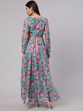 Blue Floral Print Organza Maxi Mother Daughter Combo