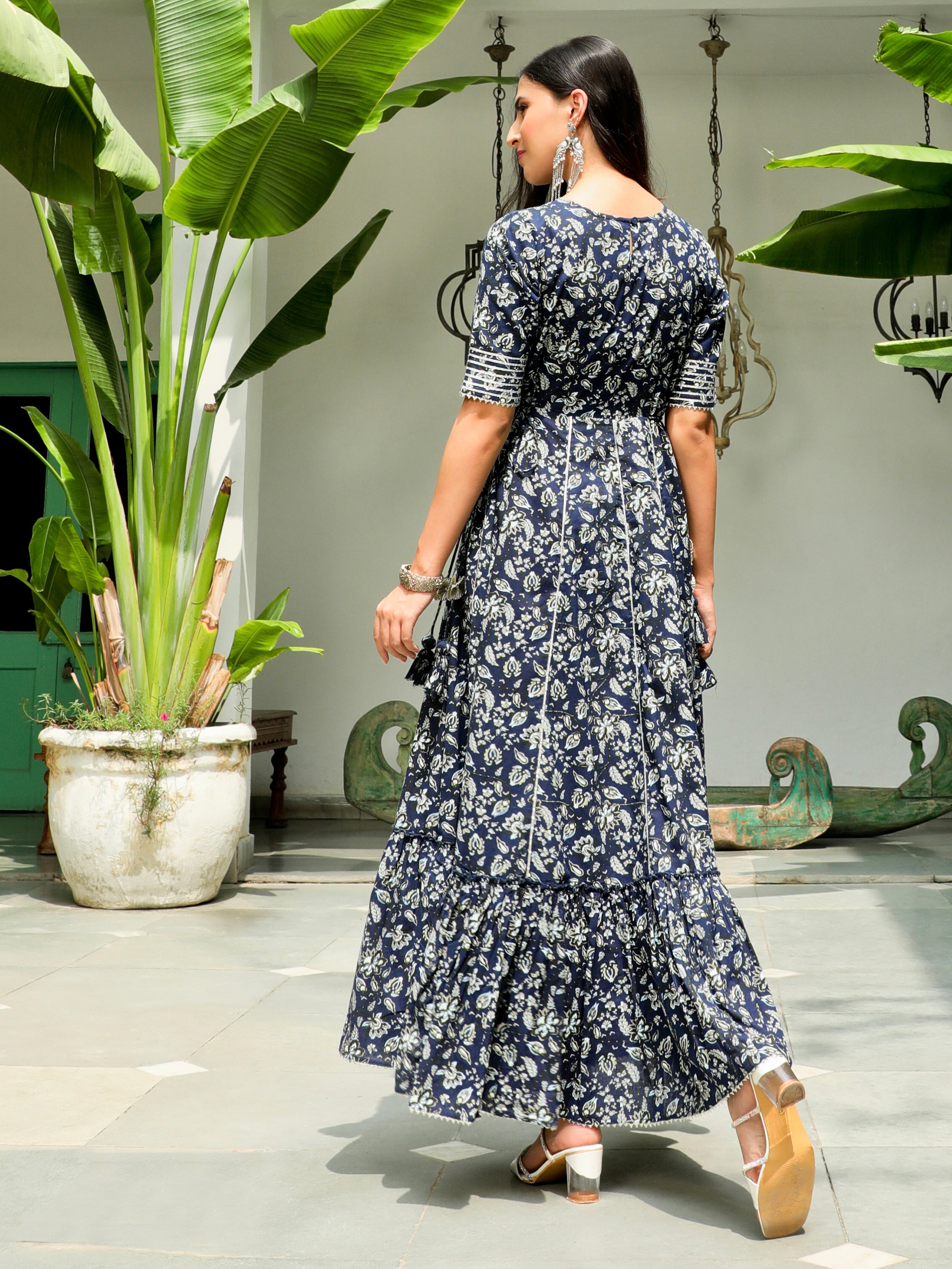 Navy Blue Floral Printed Maxi Dress