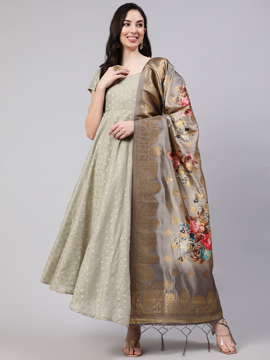 Grey Dobby Designed Maxi Dress With Brocade Dupatta