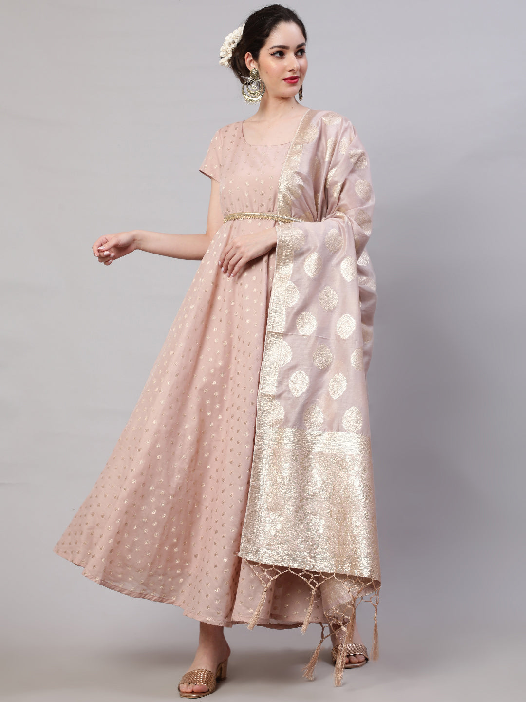 Peach Dobby Designed Maxi Dress With Brocade Dupatta