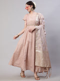 Peach Dobby Designed Maxi Dress With Brocade Dupatta