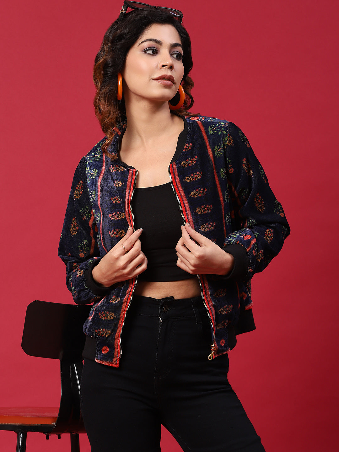 Navy Blue Floral Print Velvet Jacket