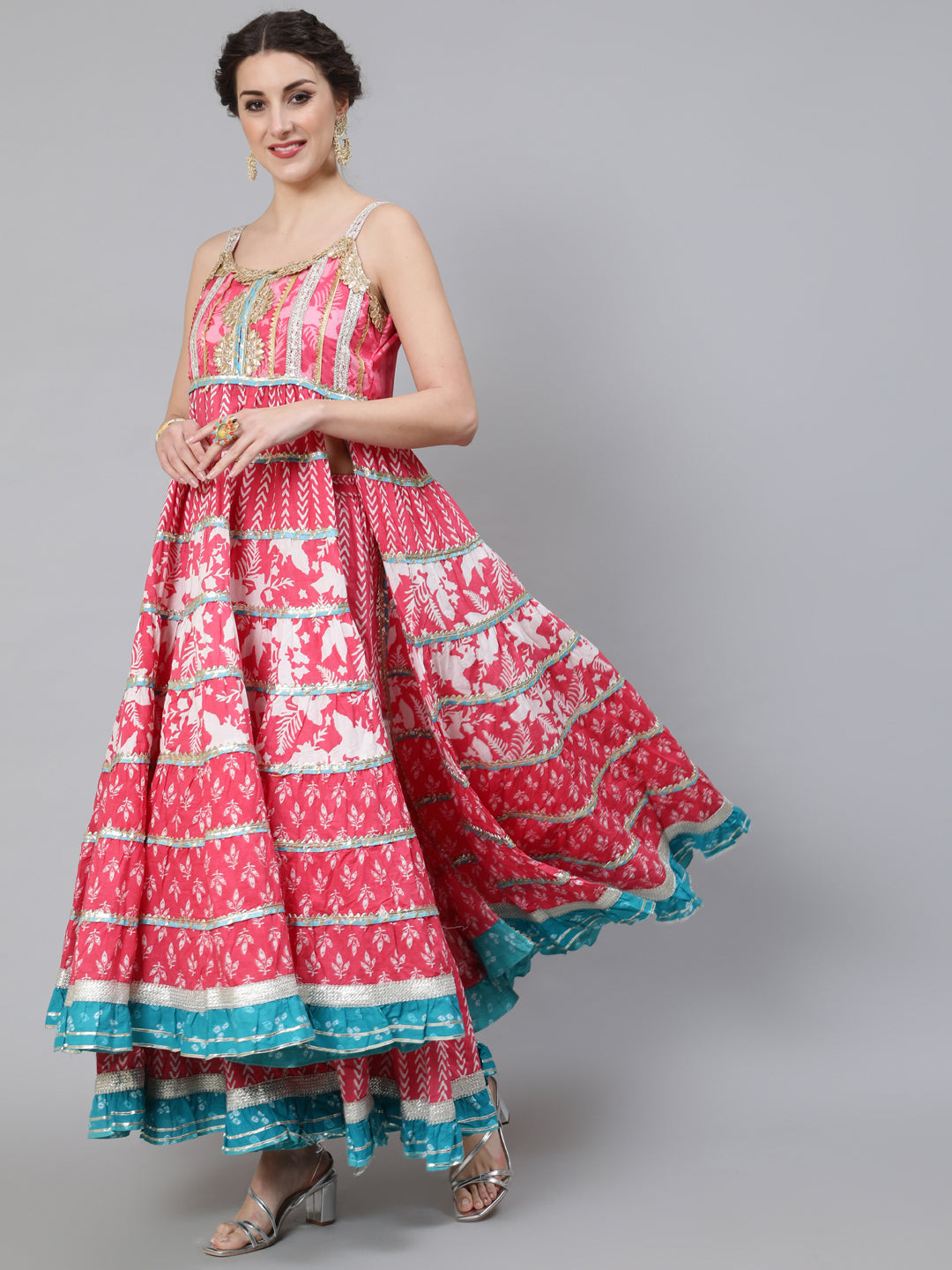 Pink Printed Anarkali Sharara With Dupatta