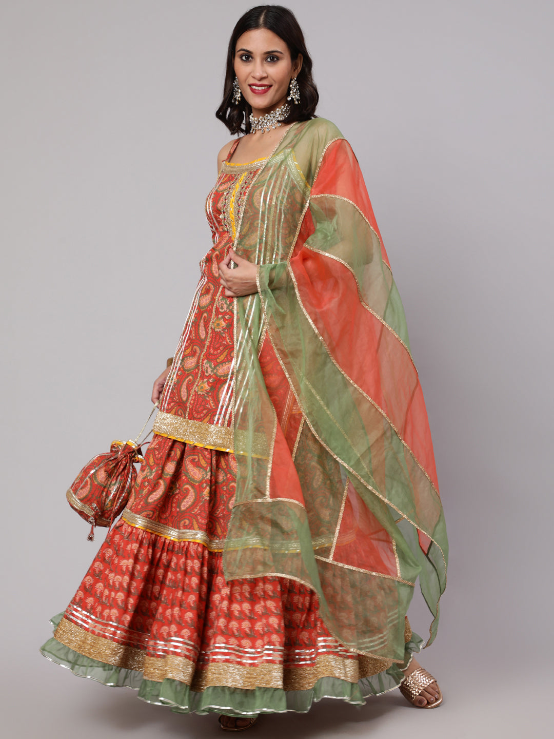 Red Sharara Kurta with Organza Dupatta Mother Daughter Combo